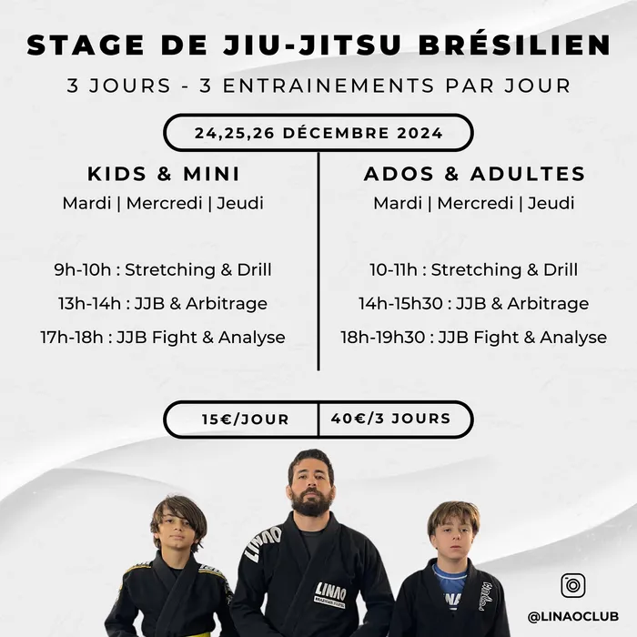 Affiche : Stage de jiu-jitsu brésilien, 24, 25 et 26 décembre 2024